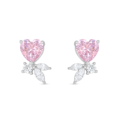 Sterling Silver 925 Earring Rhodium Plated Embedded With pink Zircon And White Zircon