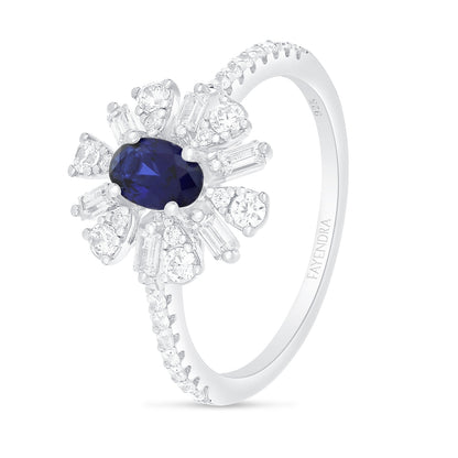Sterling Silver 925 Ring Rhodium Plated Embedded With Sapphire Corundum And White Zircon