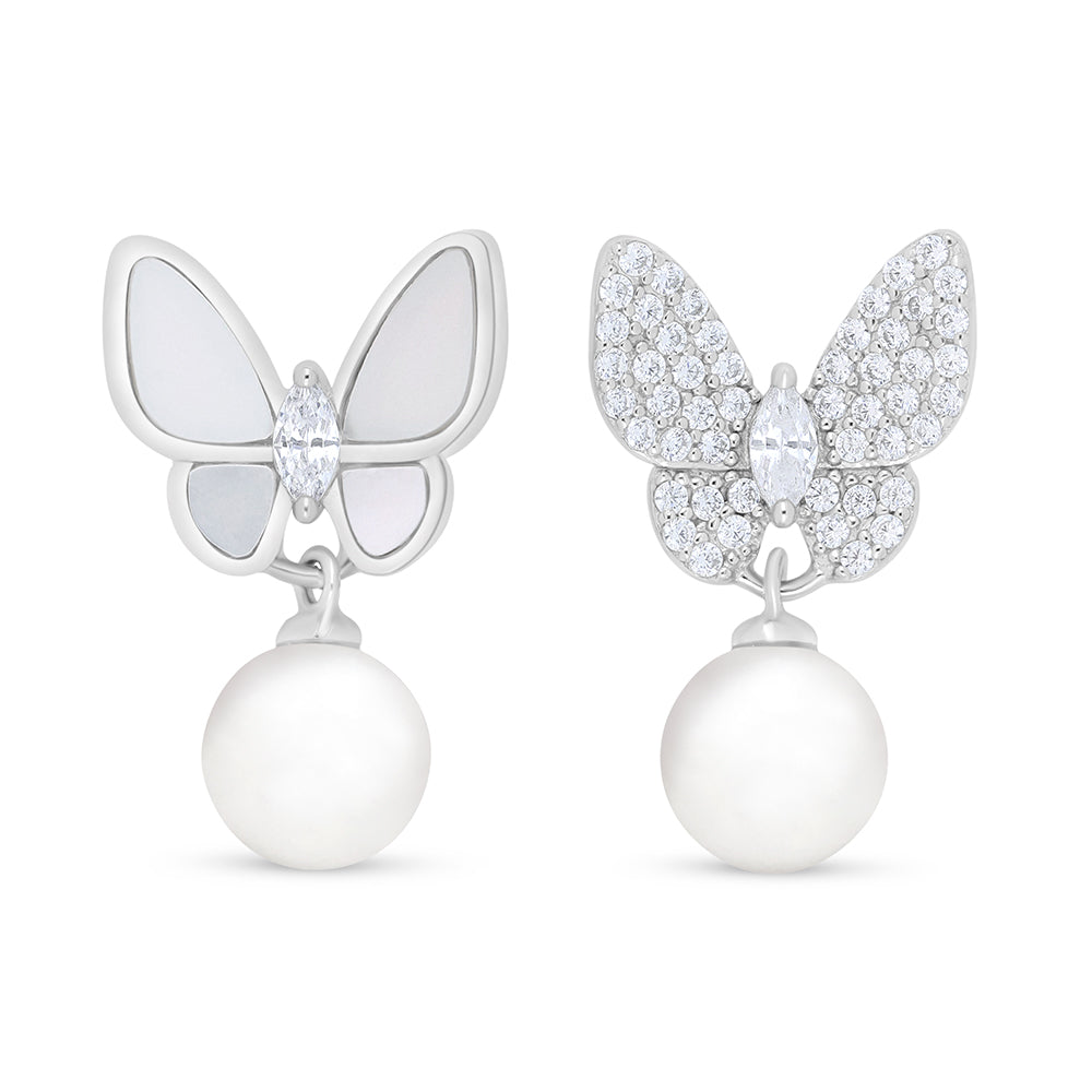 Sterling Silver 925 Earring Rhodium Plated Embedded With Natural White Pearl , White Shell And White Zircon