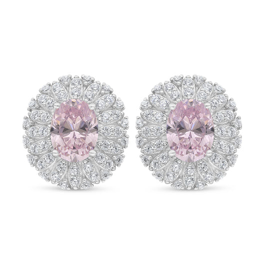 Sterling Silver 925 Earring Rhodium Plated Embedded With Pink Zircon And White Zircon
