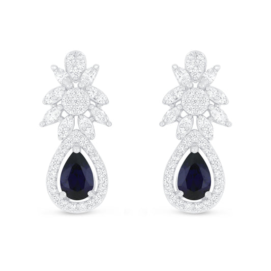 Sterling Silver 925 Earring Rhodium Plated Embedded With Sapphire Corundum And White Zircon