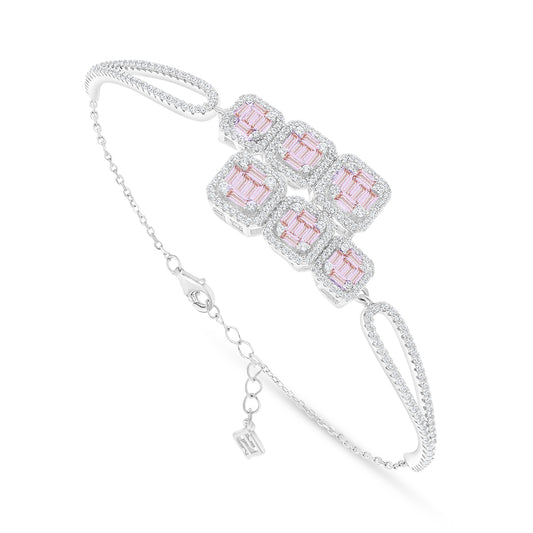 Sterling Silver 925 Bracelet Rhodium Plated Embedded With Pink Zircon And White Zircon