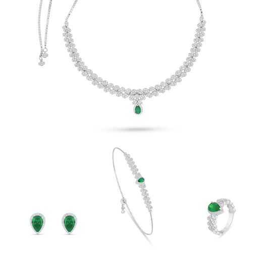 Sterling Silver 925 Set Rhodium Plated Embedded With Emerald Zircon And White Zircon