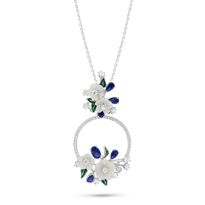 عقد من الفضة الخالصة عيار 925 مطلي روديوم مرصع صدف ابيض و زفير كروندوم