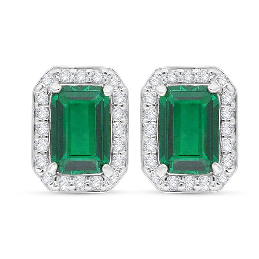 Sterling Silver 925 Earring Rhodium Plated Embedded With Emerald Zircon And White Zircon
