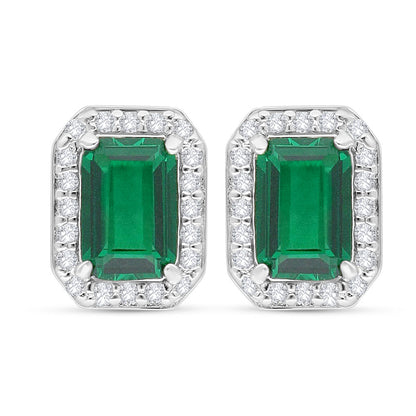 Sterling Silver 925 Earring Rhodium Plated Embedded With Emerald Zircon And White Zircon