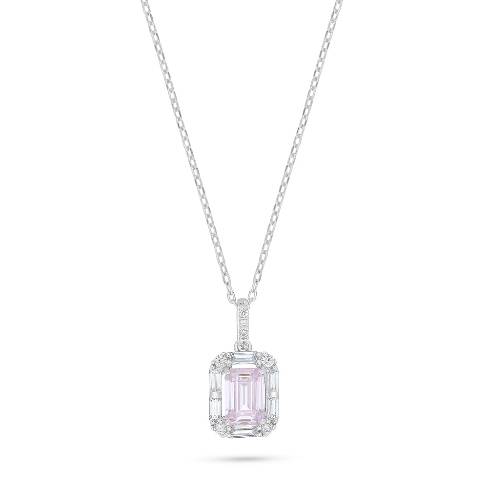 Sterling Silver 925 Necklace Rhodium Plated Embedded With Pink Zircon And White Zircon