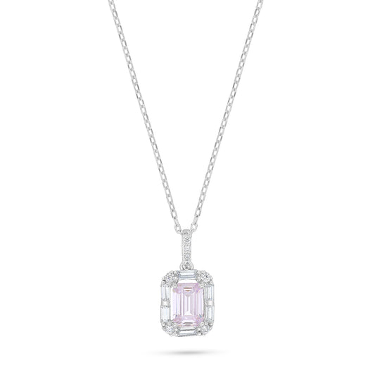 Sterling Silver 925 Necklace Rhodium Plated Embedded With Pink Zircon And White Zircon