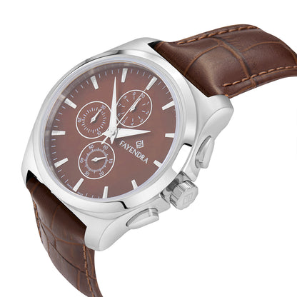 ساعة رجالي ستانلس ستيل عيار L316 بلون فضي جلد بني - مينا حجر صدف ام اللالئ البني