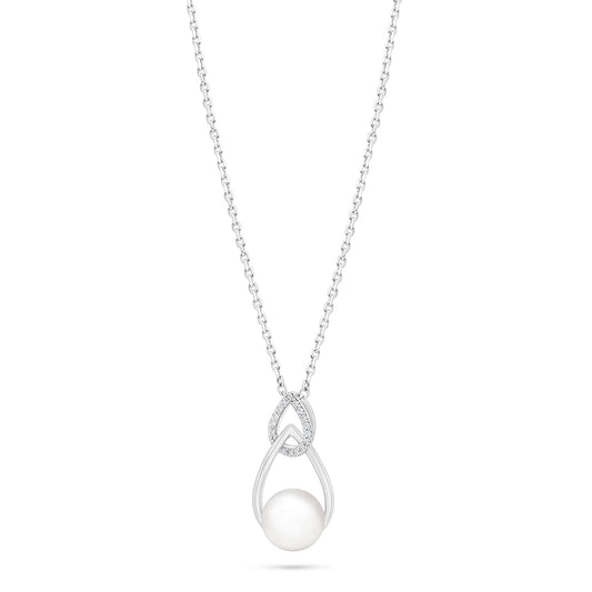 Sterling Silver 925 Necklace Rhodium Plated Embedded With Natural White Pearl And White Zircon