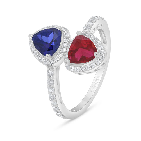 Sterling Silver 925 Ring Rhodium Plated Embedded With Sapphire Corundum and Ruby Corundum And White Zircon