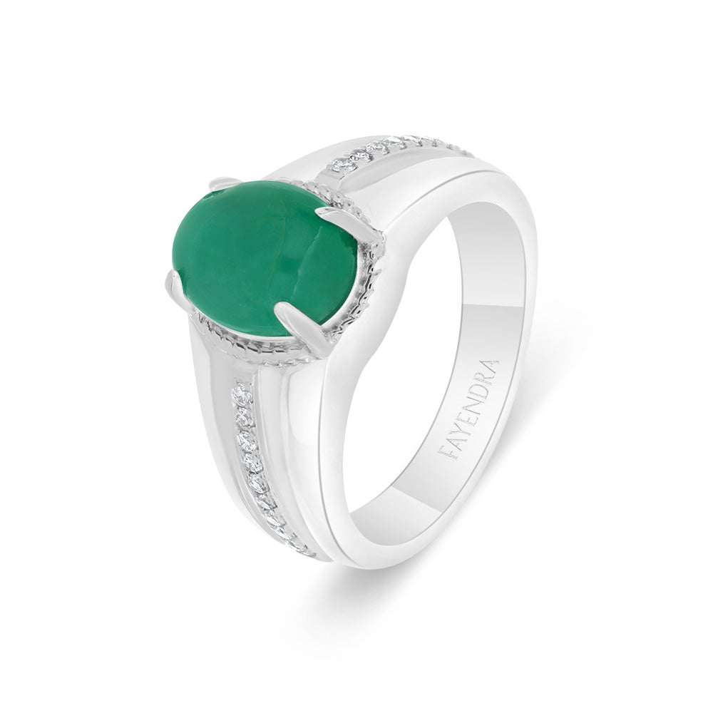 خاتم رجالي عيار 925 مطلي روديوم مرصع بحجر الزمرد الطبيعي و الالماس الطبيعي سي في دي جودة في في اس