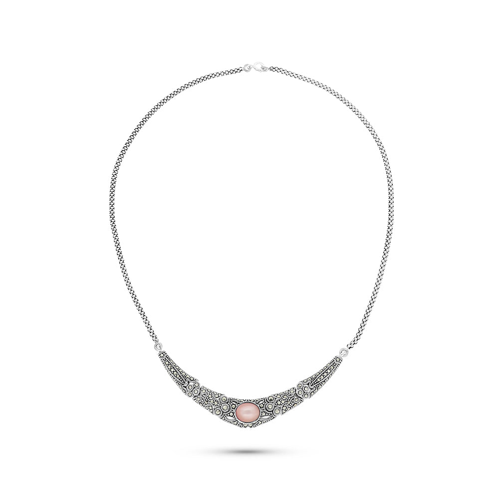 Sterling Silver 925 Set Embedded With Natural Pink Shell And Marcasite Stones
