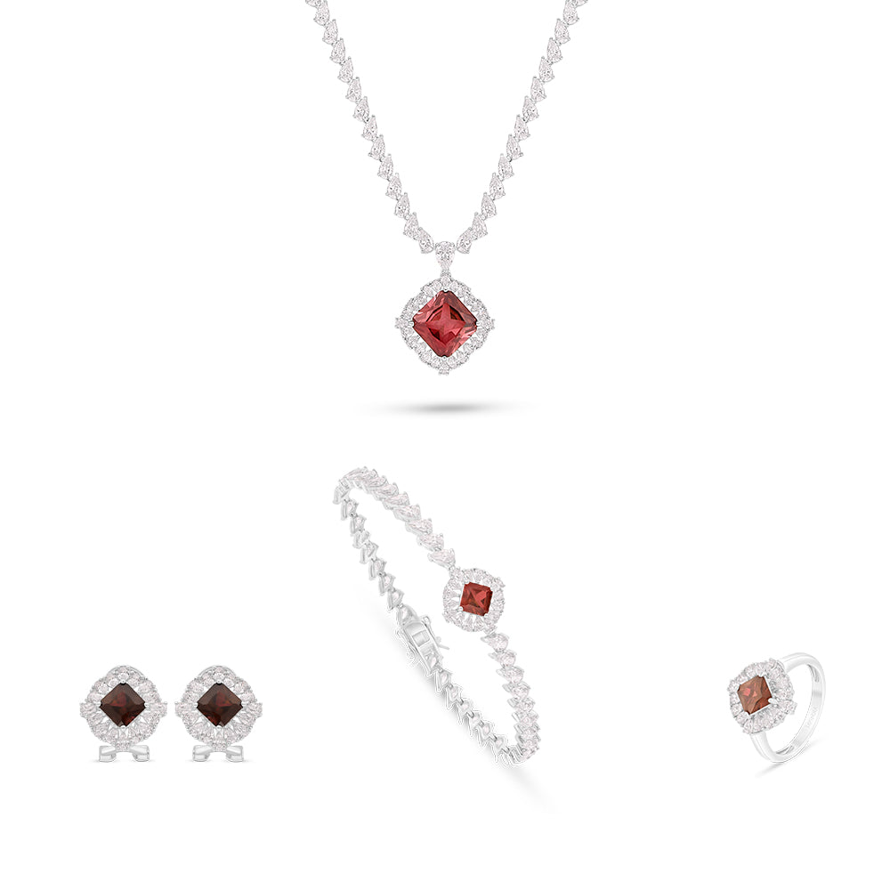 طقم من الفضة الخالصة عيار 925 مطلي روديوم و احجار ياقوت كروندوم و فص ابيض 