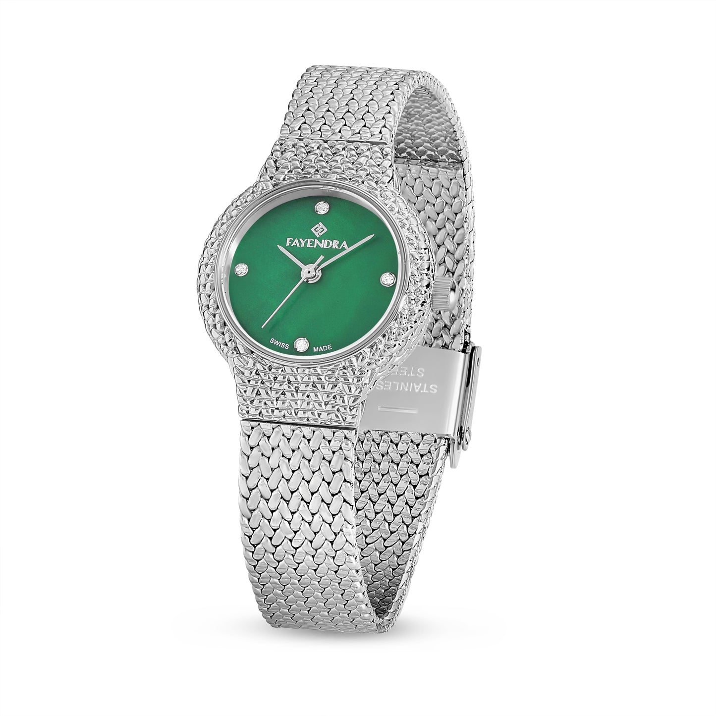 Stainless Steel 316L Watch Silver Color Embedded With White Zircon - GREEN MOP DIAL