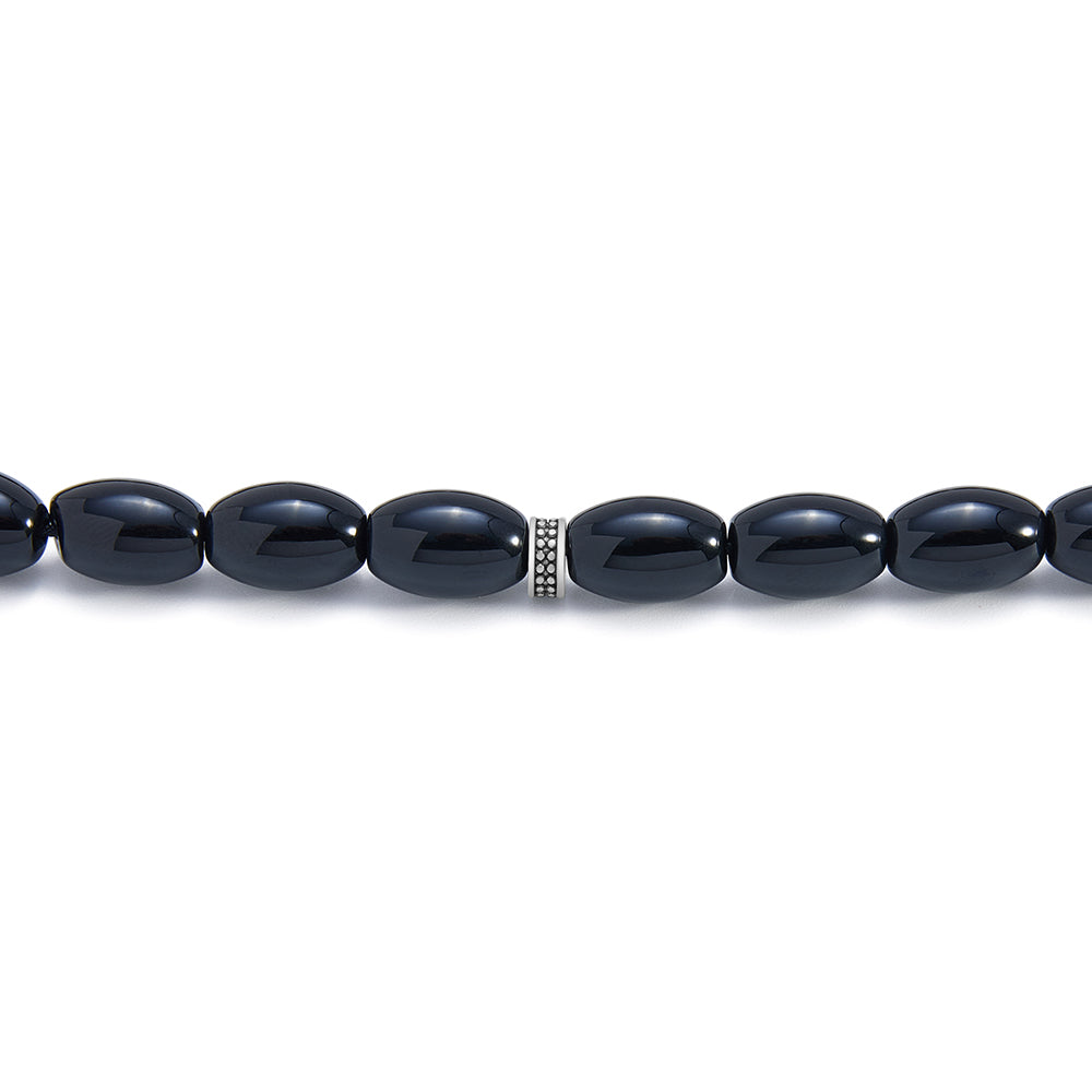 Rosary 33 Black Agate, Olive Cabochon, 8*12 mm With Stainless Steel 316L Set Silver And Black Plated