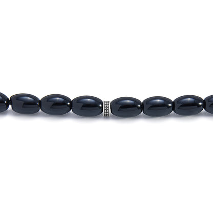 Rosary 33 Black Agate, Olive Cabochon, 8*12 mm With Stainless Steel 316L Set Silver And Black Plated
