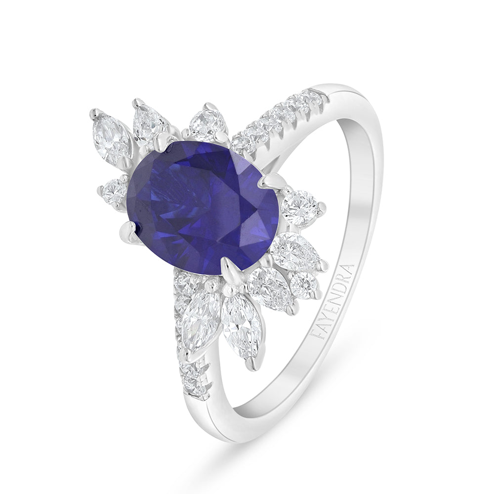 Sterling Silver 925 Ring Rhodium Plated Embedded With Sapphire Corundum And White Zircon