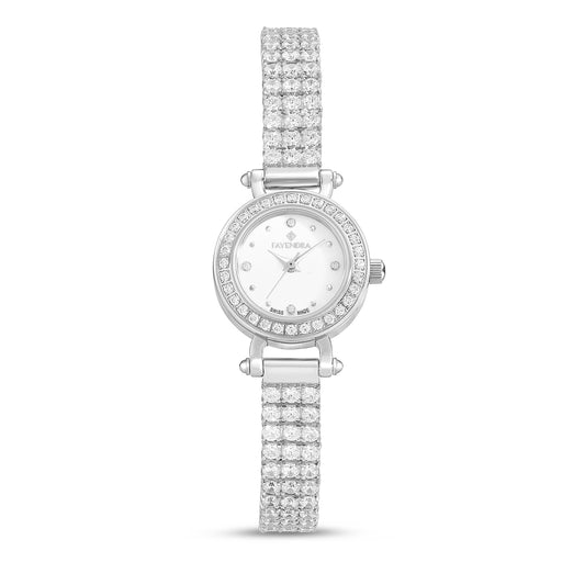 ساعة ستانلس ستيل عيار 316L بلون فضي مرصعة فص ابيض - المينا حجر صدف ام اللالئ الابيض