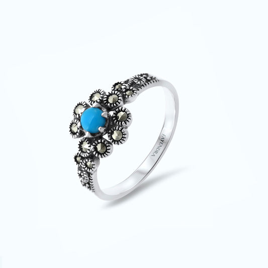 Sterling Silver 925 Ring Embedded With Natural Processed Turquoise And Marcasite Stones