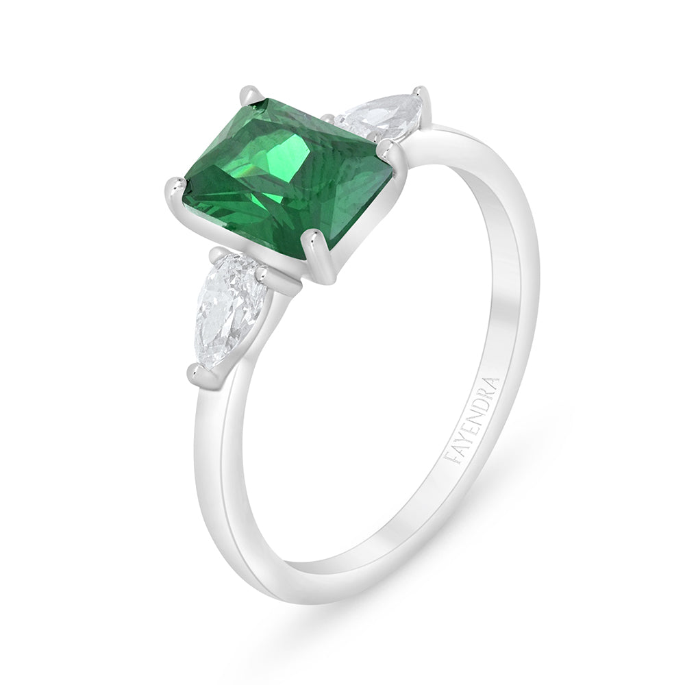 Sterling Silver 925 Ring Rhodium Plated Embedded With Emerald  Zircon And White Zircon