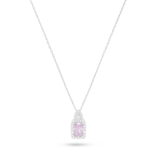 Sterling Silver 925 Necklace Rhodium Plated Embedded With Pink Zircon And White Zircon