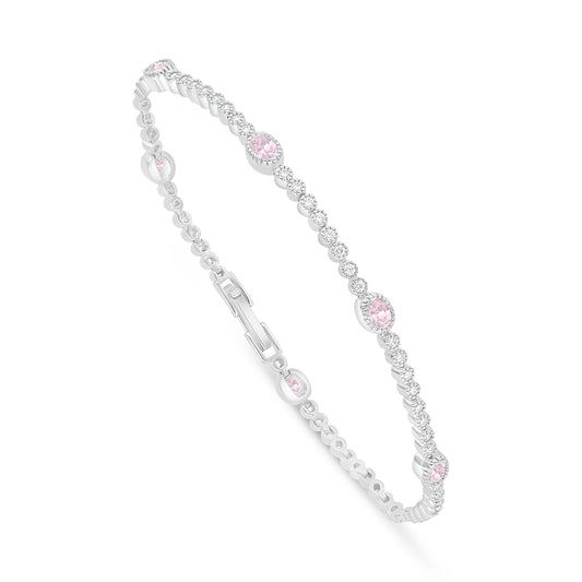 Sterling Silver 925 Bracelet Rhodium Plated Embedded With Pink Zircon And White Zircon