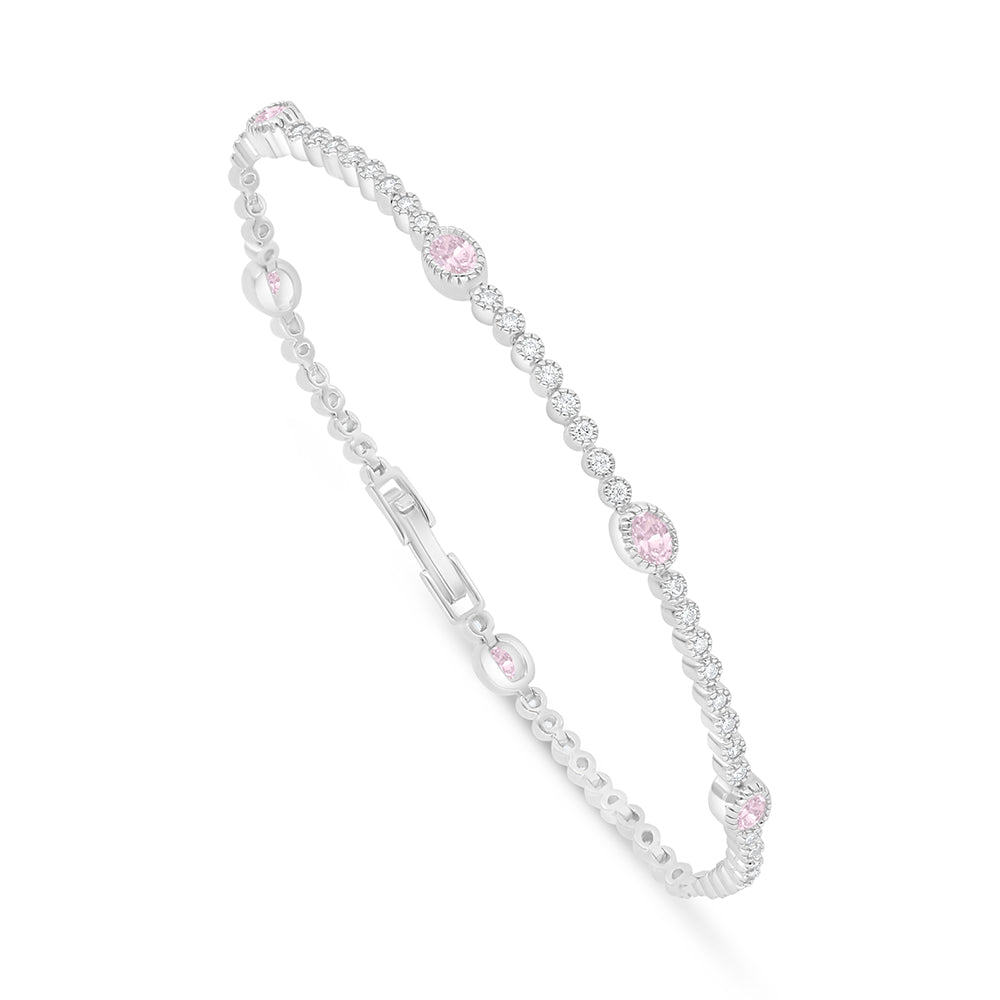 Sterling Silver 925 Bracelet Rhodium Plated Embedded With Pink Zircon And White Zircon