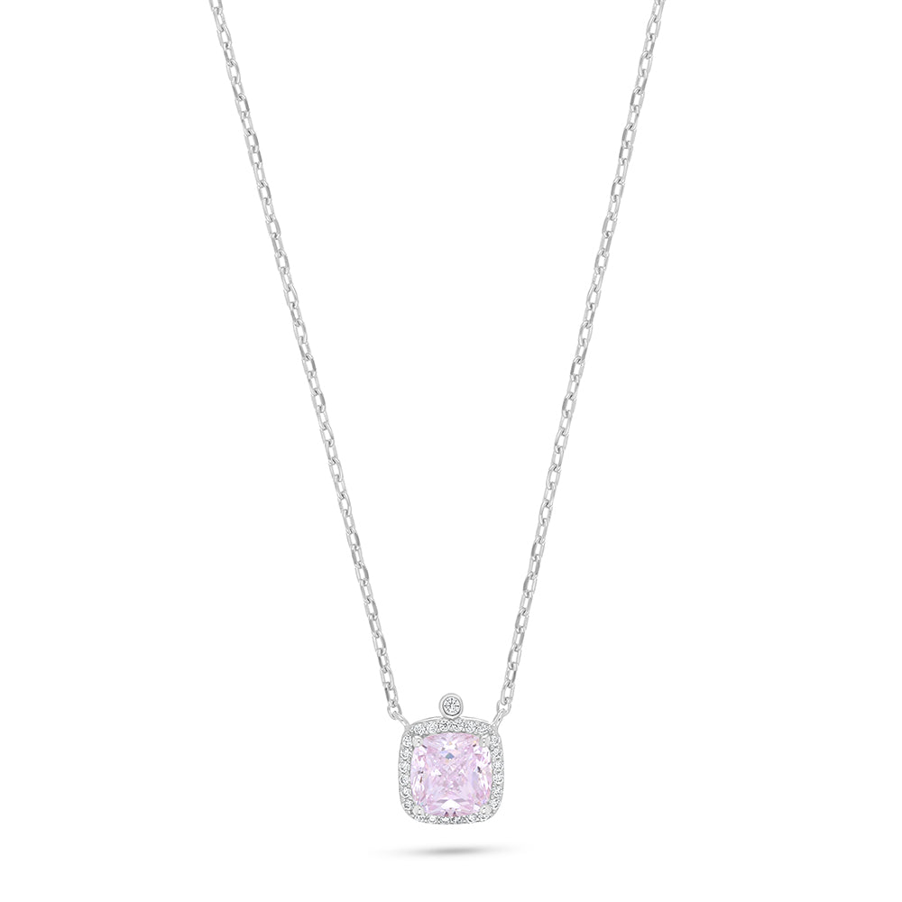 Sterling Silver 925 Necklace Rhodium Plated Embedded With Pink Zircon And White Zircon