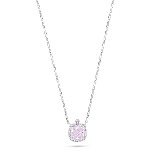 Sterling Silver 925 Necklace Rhodium Plated Embedded With Pink Zircon And White Zircon
