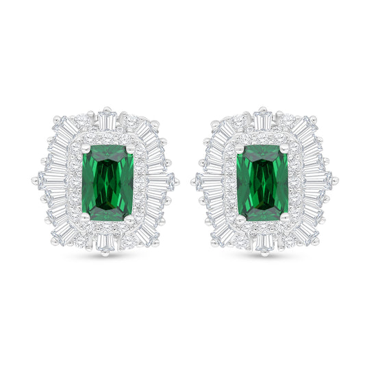 Sterling Silver 925 Earring Rhodium Plated Embedded With Emerald Zircon And White Zircon