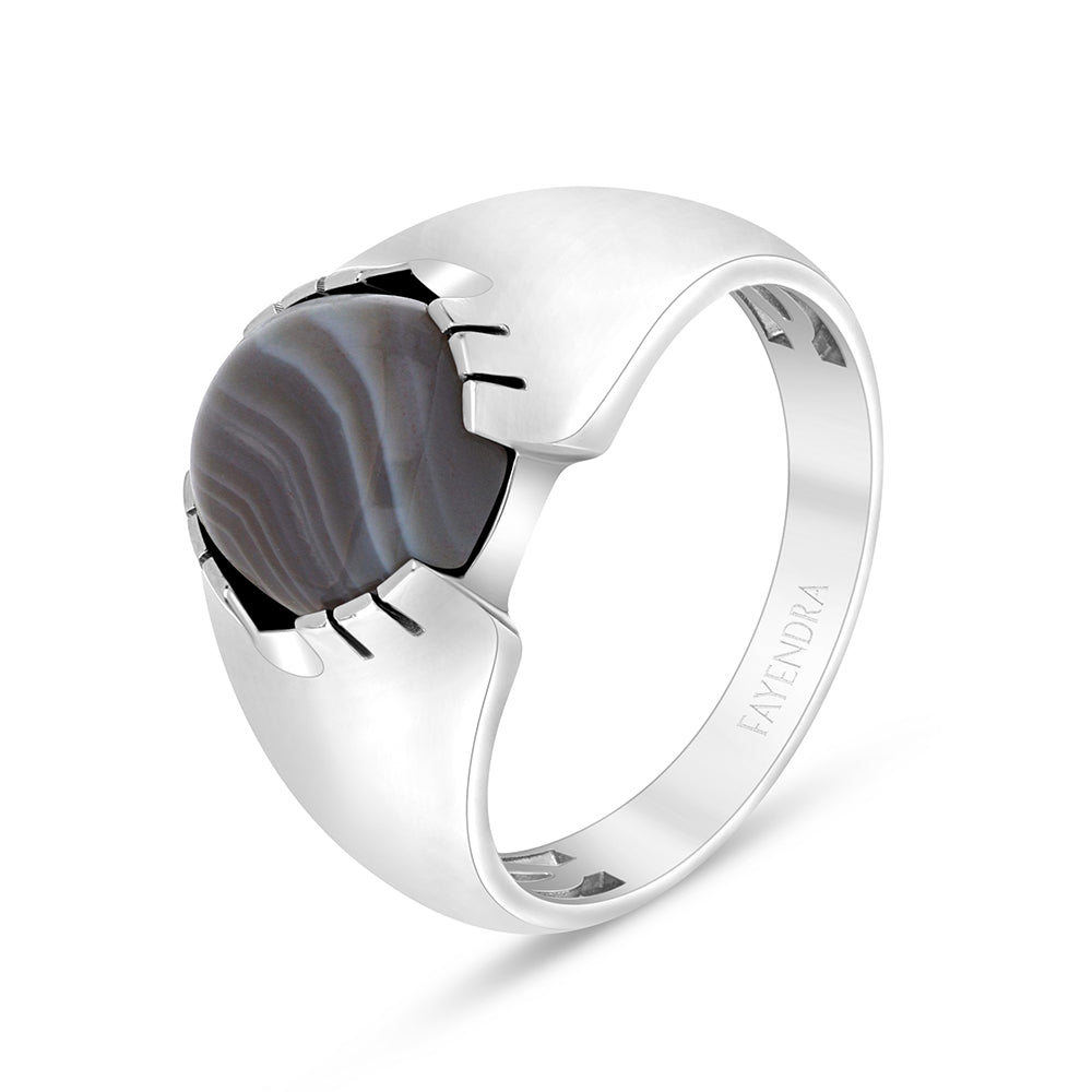 Sterling Silver 925 Ring Rhodium Plated Embedded With Cabochon Botswana Agate For Men