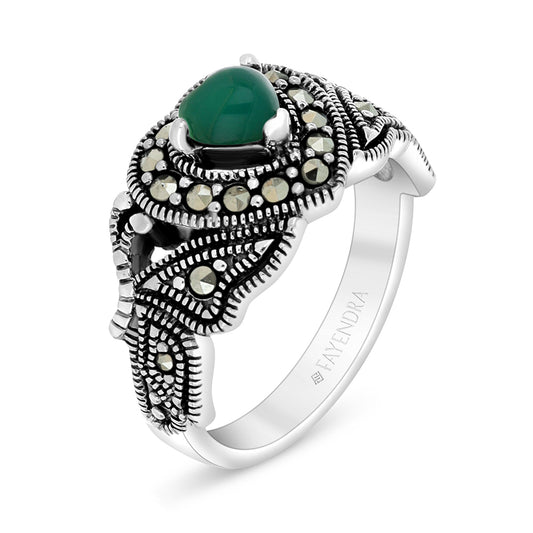 Sterling Silver 925 Ring Embedded With Natural Green Agate And Marcasite Stones