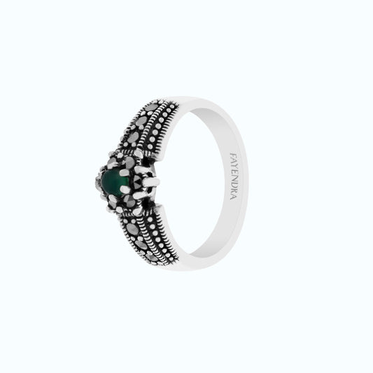 Sterling Silver 925 Ring Embedded With Natural Green Agate And Marcasite Stones