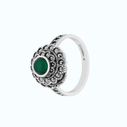Sterling Silver 925 Ring Embedded With Natural Green Agate And Marcasite Stones