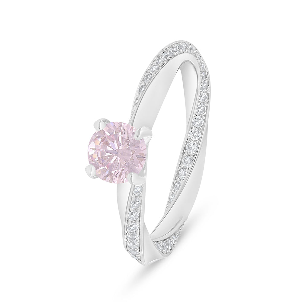 Sterling Silver 925 Ring Rhodium Plated Embedded With Pink Zircon And White Zircon