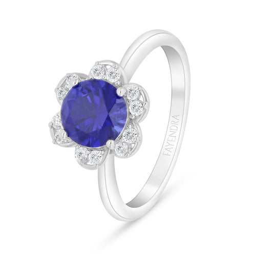 Sterling Silver 925 Ring Rhodium Plated Embedded With Sapphire Corundum And White Zircon