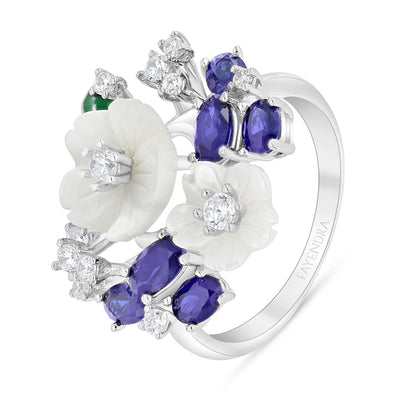 خاتم من الفضة الخالصة عيار 925 مطلي روديوم مرصع صدف ابيض و زفير كروندوم و فص ابيض