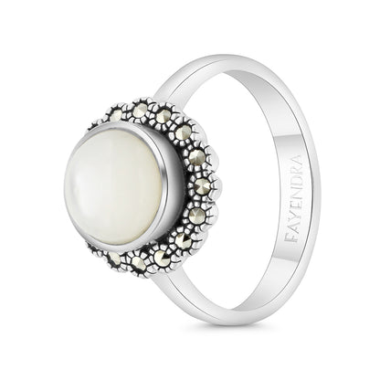 Sterling Silver 925 Ring Embedded With Natural White Shell And Marcasite Stones
