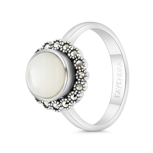 Sterling Silver 925 Ring Embedded With Natural White Shell And Marcasite Stones