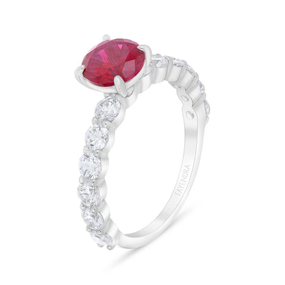 Sterling Silver 925 Ring Rhodium Plated Embedded With Ruby Corundum And White Zircon