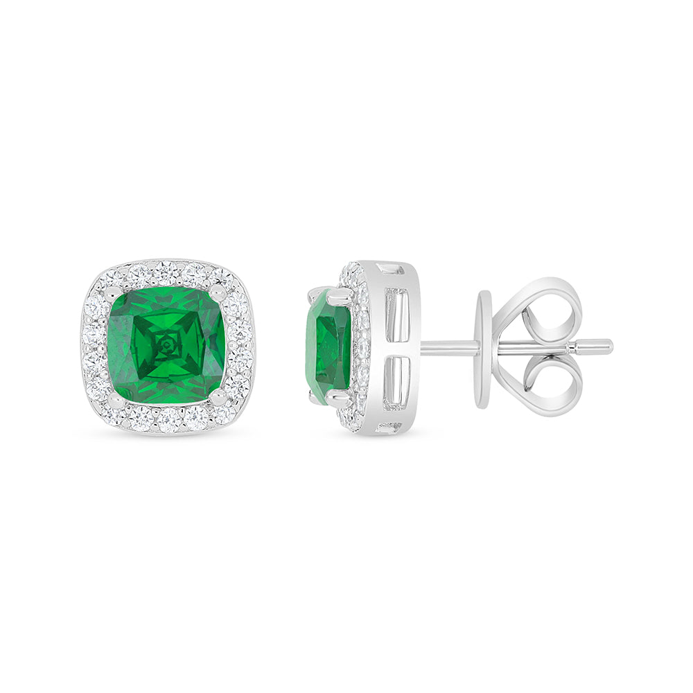 Sterling Silver 925 Earring Rhodium Plated Embedded With Emerald Zircon And White Zircon