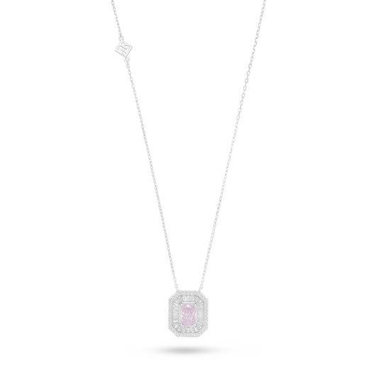Sterling Silver 925 Necklace Rhodium Plated Embedded With Pink Zircon And White Zircon