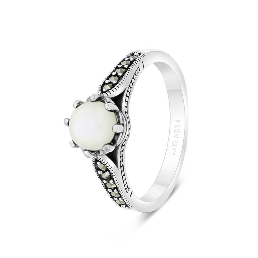 Sterling Silver 925 Ring Embedded With Natural White Shell And Marcasite Stones