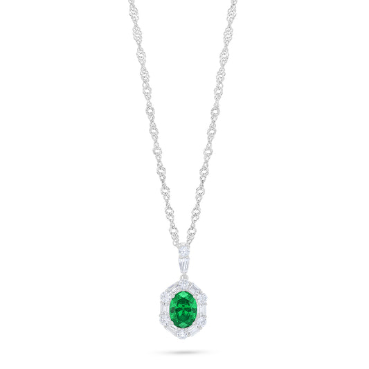 Sterling Silver 925 Necklace Rhodium Plated Embedded With Emerald Zircon And White Zircon