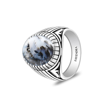 Sterling Silver 925 Ring Rhodium And Black Plated Embedded With Natural Agate Cabochon For Men
