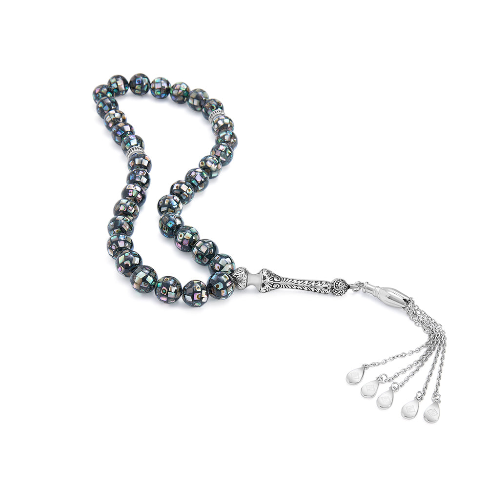 سبحة 33 مطعم احجار صدف استرالي بيلية 10 مم طقم ستانلس ستيل عيار 316L مطلى فضي واسود