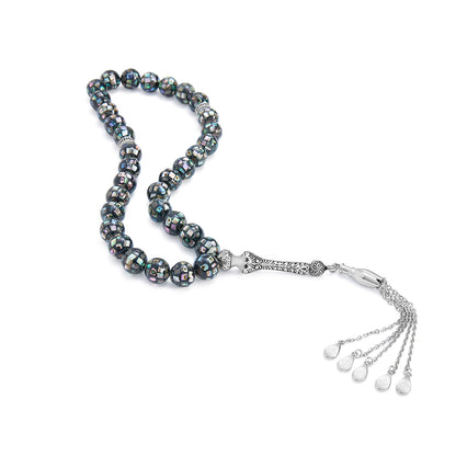 سبحة 33 مطعم احجار صدف استرالي بيلية 10 مم طقم ستانلس ستيل عيار 316L مطلى فضي واسود