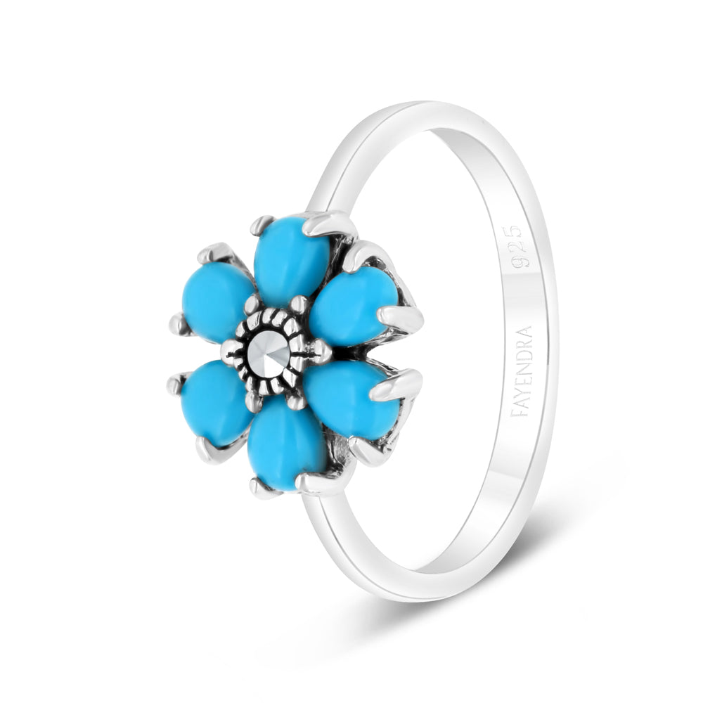 Sterling Silver 925 Ring Embedded With Natural Processed Turquoise And Marcasite Stones