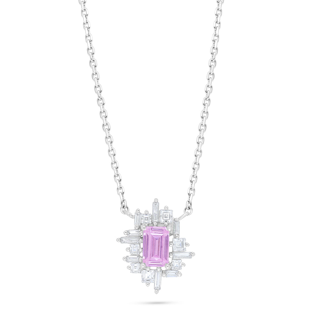 Sterling Silver 925 Necklace Rhodium Plated Embedded With Pink Zircon And White Zircon